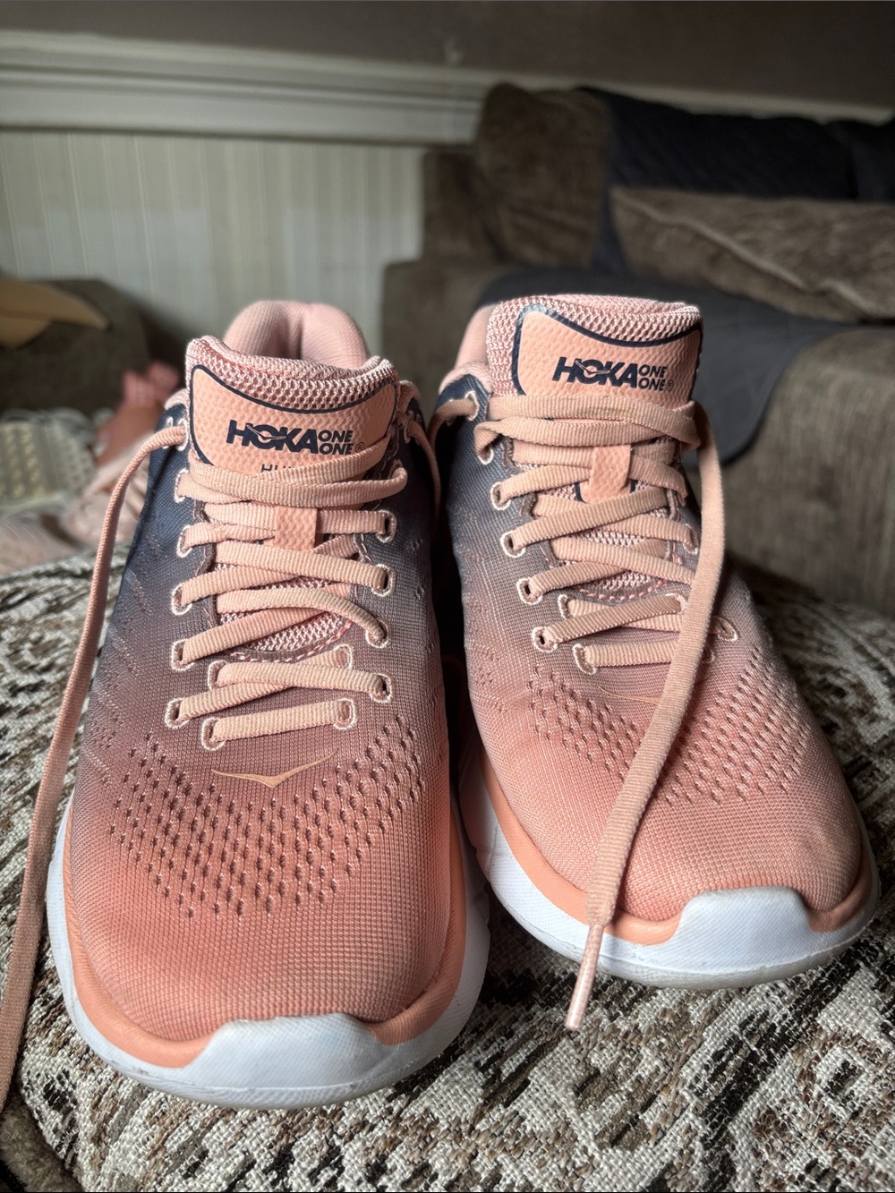 Hoka One One Hupana Women's Peach and Navy Athletic Running Shoes